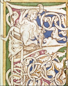 Versierde P initiaal met de voorstelling van een vrouw die een vis vangt. Miniatuur uit een Bijbel (Oude Testament) (Ms 3088) 12e eeuw Coimbra, Universiteitsbibliotheek door Unknown artist
