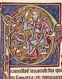 Lettrine P versierd met de voorstelling van de koning van het land Moab (miniatuur) uit een Bijbel (Ms 3088) 12e eeuw Coimbra, bibliotheek van de Universiteit door Unknown artist