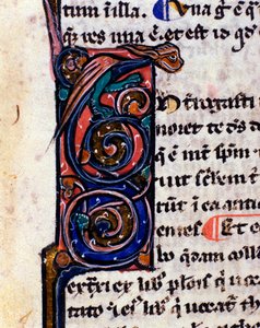 Lettrine versierd met een gotisch monster dat doet denken aan de waterspuwers (detail) door Unknown artist