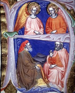 Lettrine die engelen en filosofen voorstelt die discussiëren - in De civitate dei van St. Augustinus. 14e eeuws manuscript. Gemeentelijke Bibliotheek van Rimini door Unknown artist