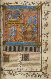 Leven van Julius Caesar: vier miniaturen die zijn geboorte, scheiding, pontificaat en gevecht met Pompeius tonen door Unknown artist