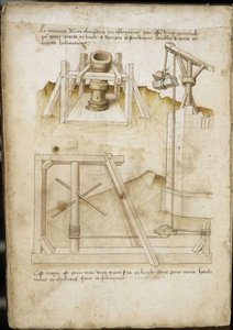 Laadsysteem voor bouwplaats - Manuscript: perkamentblad van een ingenieurshandboek voor de bouw van civiele, religieuze en militaire gebouwen, anoniem, eind 15e eeuw (figuur in Chinese inkt) door Unknown artist