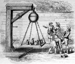 Laden van Magdeburg-hemisferen opgehangen om atmosferische druk te berekenen - in Ottonis de Guericke: Experimenta Nova Magdeburgica de vacuo spatio door Otto von Guericke door Unknown artist