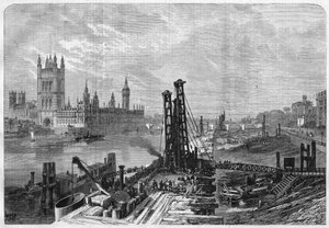 Londen, bouw van dokken aan de zuidoever van de Theems, tegenover de administratieve stad Westminster aan de noordelijke oever. In 