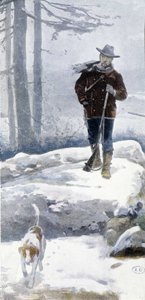 Eenzame jager met hond in een besneeuwd landschap, eind 19e eeuw door Unknown artist