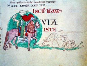 Heer op valkenjacht. Miniatuur uit de middeleeuwen. Manuscript Moralia in Job van de abdij van Citeaux voor paus Gregorius I door Unknown artist