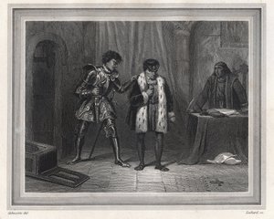 Lodewijk XI gevangene van Karel de Stoute Hertog van Bourgondië - Koning van Frankrijk Lodewijk XI (koning 1461-1483) ontmoet zijn tegenstander Karel de Stoute Hertog van Bourgondië in 1467-1477 in Peronne in oktober 1468, periode van de Ligue du Bien Publ door Unknown artist