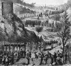 Lourdes 1864: de processie naar de grot voor de inwijding van het beeld van Maria Immaculee. door Unknown artist