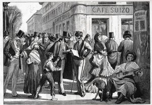 Madrid in 1873. Wandelaars op de hoek van Sevilla Straat en Alcala Straat. Gravure uit 1873. door Unknown artist