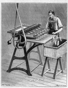 Kaarten maken om te spelen volgens oude methoden. Decoupage van speelkaarten. Gravure uit 1893 door Unknown artist