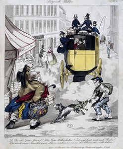 Man mist de omnibus. Cartoon gemaakt rond 1840