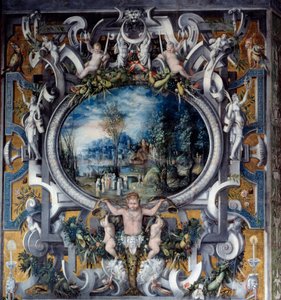 Mantel van de schoorsteen van het eerbetoon aan Julius Caesar in de kamer van de Romeinse helden. Anoniem schilderij. Rond 1547. door Unknown artist