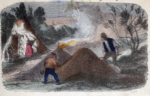 Fabricage van houtskool in de 19e eeuw: kolenmakers voor molenstenen bestaande uit hout en klei, die ze in brand steken. Gravure eind 19e eeuw.