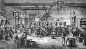Fabricage van mosterd en conserven bij Louit frères in Bordeaux. Gravure uit 1865 door Unknown artist