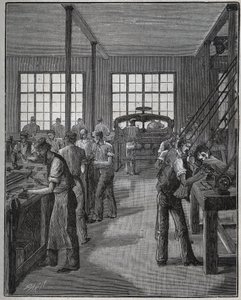Fabricage van pennenhouders en potloodhouders. Gravure uit 1885 in 