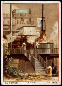 Bierproductie in de 19e eeuw: Brouwerij - Chromolithografie 19e eeuw door Unknown artist