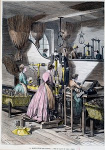 Tabaksproductie, verpakking van tabak om te roken. Lithografie van 1867 door Unknown artist