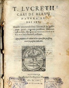 Manuscriptpagina van volume 6 van "De natura rerum" (Over de natuur) door de Latijnse filosoof Lucretius (Titus Lucretius Carus) (98-55 v.Chr.) 1564