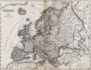 Kaart van Europa. Tweede helft van de 19e eeuw. Italiaans Atlas. Stabilimento Civelli. Milaan. door Unknown artist