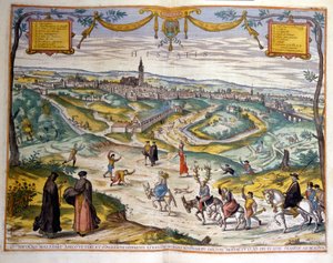 Kaart van de stad Sevilla in 1590. Rechtsonder in de afbeelding maken de dorpelingen grapjes over een bedrogen man op zijn ezel. door Unknown artist