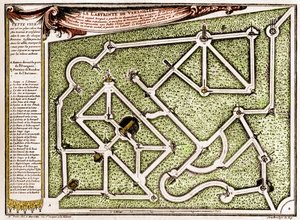 Kaart van het doolhof in het park van het kasteel van Versailles, gemaakt door Andre Le Notre (1613-1700). Gravure in 