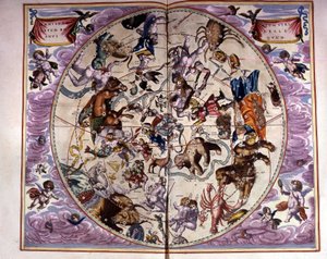 Kaart van de hemel en tekens van de dierenriem - facsimile van een oude compositie die de sterrenbeelden van de noordelijke hemel voorstelt, volgens de 