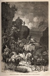 Mars van het Engelse leger naar het Dalanta-plateau, volgend op de troepen van keizer Theodoros (circa 1818-1868), met olifanten voor het transport van artilleriestukken. Gravure ter illustratie van het verhaal 