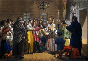 Huwelijk van Russische boeren gevierd volgens de orthodoxe ritus