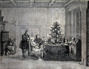 Maarten Luther (1483-1546) Duitse religieuze hervormer viert Kerstmis met de familie. Gravure uit de 19e eeuw