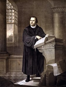 Maarten Luther (1483 - 1546) lezend in een kerk