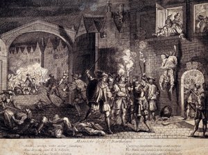 Bloedbad van Sint Barthelemy (Sint Barthelemy) in Parijs in de nacht van 24 augustus 1572. Gravure uit de 16e eeuw. Pau, Musee Du Chateau door Unknown artist
