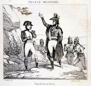 Ontmoeting van Napoleon Bonaparte en Pasquale of Pascal Paoli (1725 - 1807), Corsicaanse patriot. Gravure 19e eeuw door Unknown artist