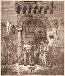 Handelaar kookt pasta in een pan, Italiaanse scène (gravure) door Unknown artist