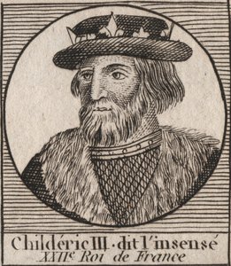 Merovingische Dynastie: Portret van Childerik III (714-755) Koning van de Franken (gravure uit 
