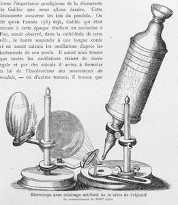 Microscoop met kunstmatige verlichting van de tafel aan het begin van de 17e eeuw