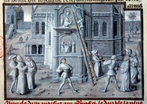Middeleeuwen: de bouw van gotische kathedralen. Beeldhouwers werken aan reliëfs op een schaal. Miniatuur uit een manuscript. 15e eeuw Parijs, B.N.