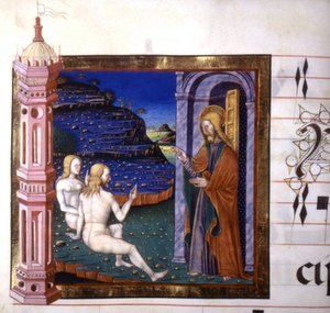 Miniatuur die de schepping van Adam en Eva door God voorstelt. Antifonarium. 15e eeuw. Biblioteca door Lodi