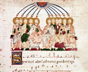 Miniatuur pinksteren uit een graduale antiphonary (tropair) (ms. 65) 12e eeuw Plaisance, Biblioteca Capitolare