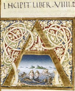 Miniatuur die sirenen voorstelt. Lettrine “A” - in “Naturalis Historiae” door Plinius de Oudere (23 - 79), ed. 1480. Victoria & Albert Library
