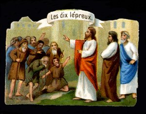 Wonderen van Jezus. Christus geneest de melaatsen. 19e-eeuwse chromolithografie