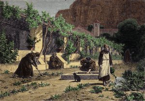 Moestuin van het klooster: monniken tuinieren om groenten te kweken in hun tuin. Gravure uit de 19e eeuw door Unknown artist