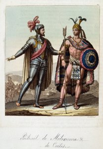 Montezuma II, Azteekse koning, en Hernan Cortes, Spaanse conquistador - in 