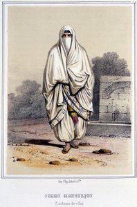 Moorse vrouw in stadskostuum in Algiers tijdens de tweede helft van de 19e eeuw
