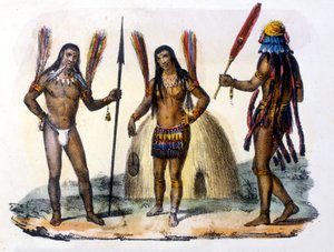 Mundrucu en Jivaros Indianen in Ecuador. Gravure 1846-48. door Unknown artist
