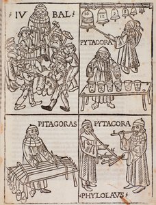 Muzikale theorieën van Pythagoras. Pagina uit Theorica Musicae door Franchino Gaffurio door Unknown artist