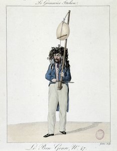 Muzikant op straat: de Italiaanse grimacier - gravure, Carnavalet