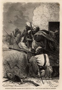 Moslimbergers hervestigd in de bergen van Svat, vechtend tegen een Engelse expeditie in 1863 om de plundering van dorpen in de regio te stoppen. Gravure ter illustratie van het verhaal van Pandjab en Kasjmir, door Guillaume Lejean in 1866, gepubliceerd in door Unknown artist