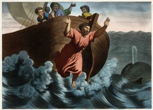 Jonas wordt overboord gegooid en door een vis opgeslokt. Anonieme gravure uit het midden van de 19e eeuw.