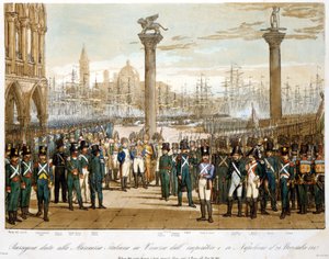Napoleon I in Venetië op 29 november 1807 voor de Italiaanse marine. Gravure uit 1845
