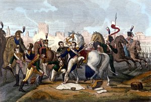 Napoleon I gewond voor Regensburg op 23 april 1809. Gravure 19e eeuw door Unknown artist
